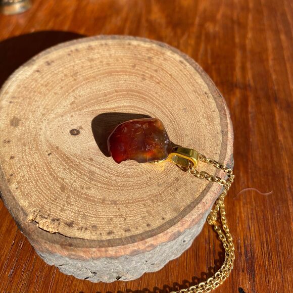 Polished Translucent Amber Glass Chip Pendant Necklace on Gold Plated Chain - Picture 3 of 4